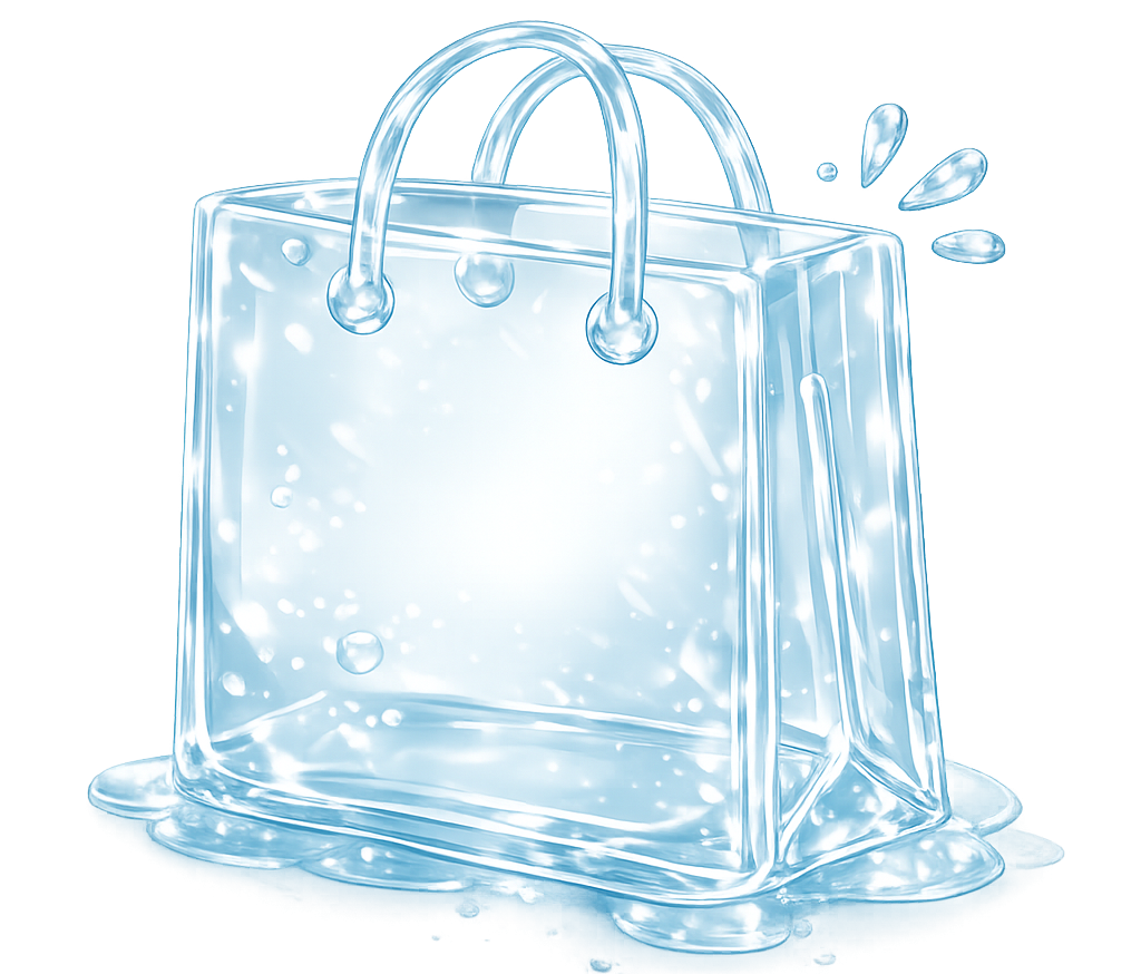 Стеклянная 3D-иконка «пакет» — символ набора Масштаб/закупки профессиональной корейской косметики для косметологов, клиник и салонов в России.