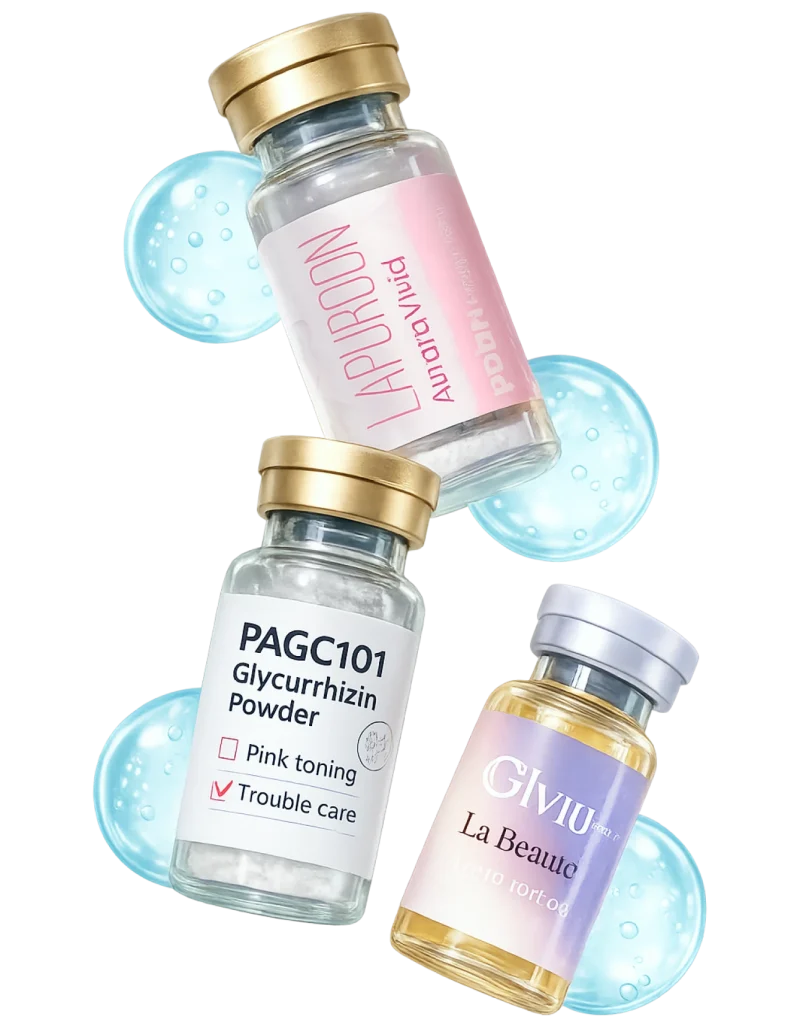 Стартовый набор профессиональной косметики из Южной Кореи для косметологов: флаконы с активными сыворотками и порошком (PAGC101, Lapuroon Aurora Vivid, GLVJU La Beauté), решения для клиник и салонов, поставки по России, СНГ и миру.