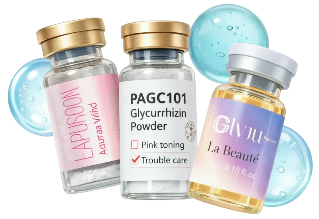 Стартовый набор профессиональной косметики из Южной Кореи для косметологов: флаконы с активными сыворотками и порошком (PAGC101, Lapuroon Aurora Vivid, GLVJU La Beauté), решения для клиник и салонов, поставки по России, СНГ и миру.