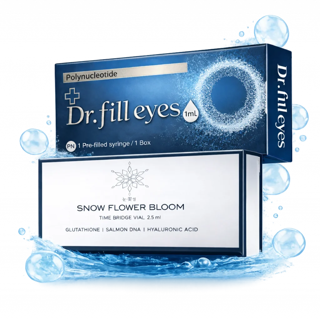 профессиональные корейские препараты для косметологов: набор упаковок dr.fill eyes (полинуклеотиды, 1 мл) и snow flower bloom time bridge vial (2,5 мл) — минималистичная студийная подача для клиник и салонов; состав: глутатион, днк лосося, гиалуроновая кислота; поставки по россии, снг и в другие страны | ПКП