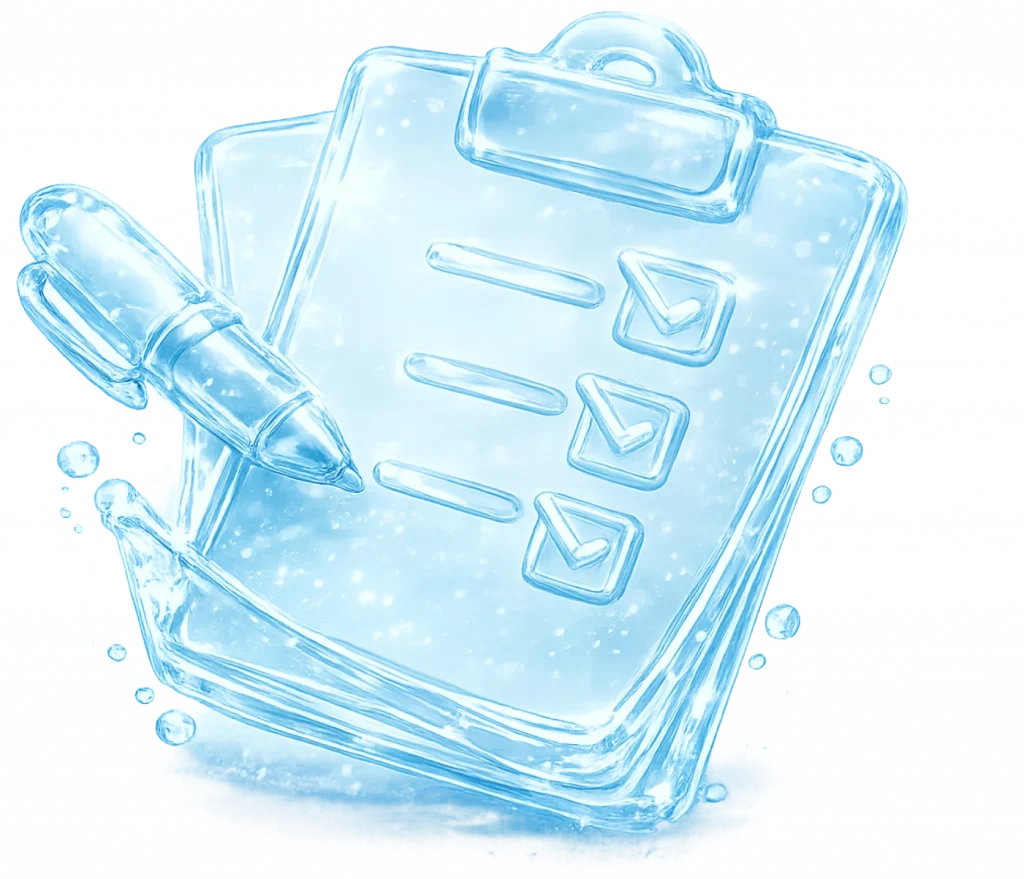 Иконка сертификации и качества: планшет с галочками и ручка, выполненные в виде прозрачных водяных капель — ПКП космецевтика.